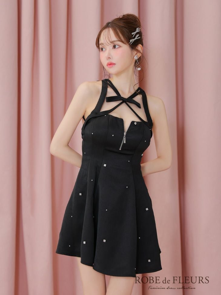 ROBE de FLEURS ローブドフルール サテンネックリボンバストジップフレアミニキャバドレス fm3597