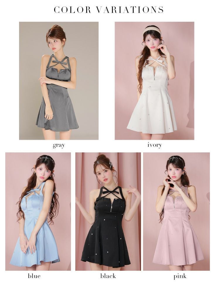 ROBE de FLEURS ローブドフルール サテンネックリボンバストジップフレアミニキャバドレス fm3597