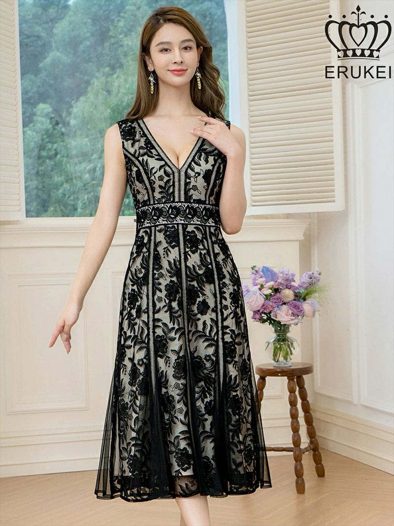 ERUKEI エルケイ ノースリーブ・レース・Vネック・切替・Aライン・ミディアムドレス・ワンピース ek-e24098