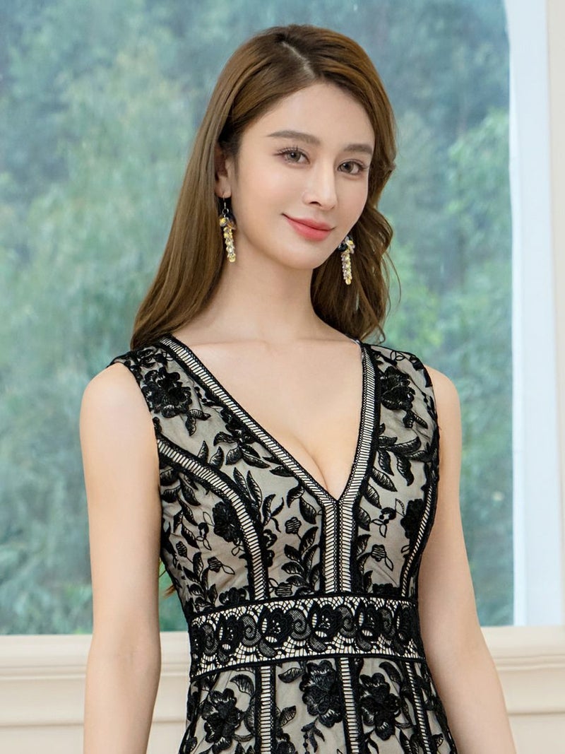 ERUKEI エルケイ ノースリーブ・レース・Vネック・切替・Aライン・ミディアムドレス・ワンピース ek-e24098