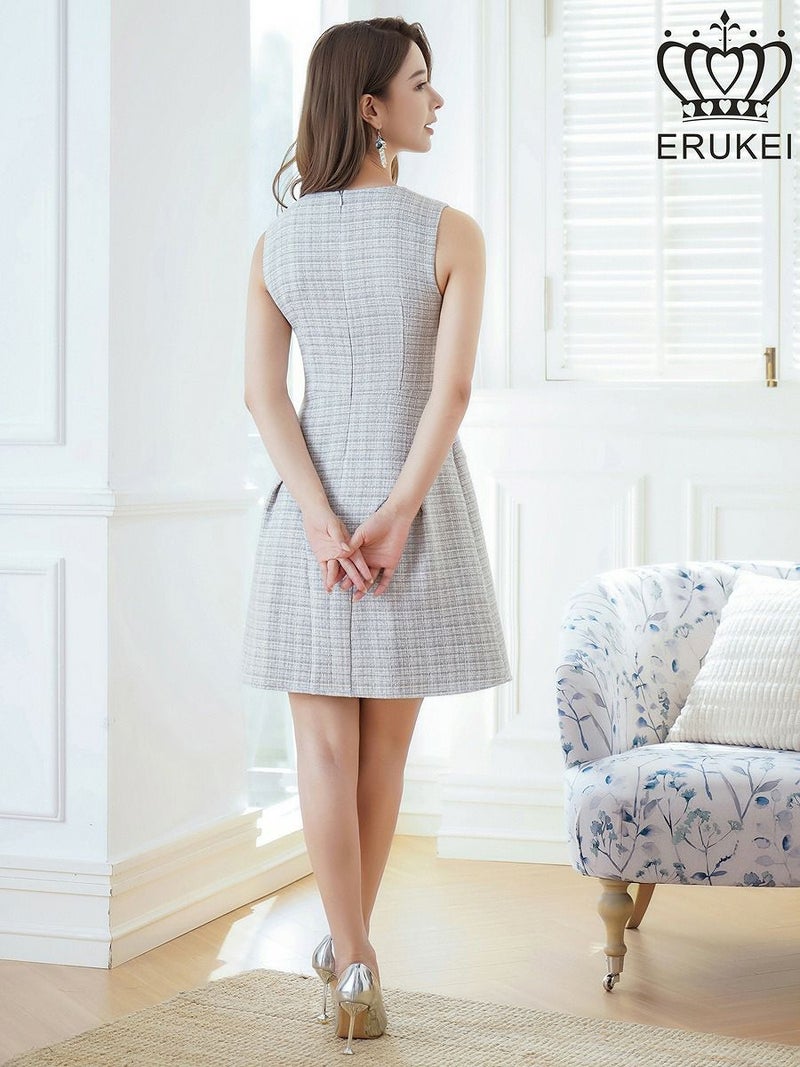 ERUKEI エルケイ ノースリーブ・ツイード・切替・フレア・リボン・Aライン・ミニドレス・ワンピース ek-e24155