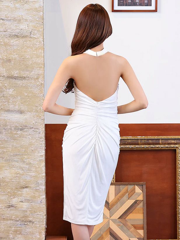 Veautt ヴュート デコルテクロスデザインギャザーチェーンサイドファスナータイトミディアムドレス vt022504-ks