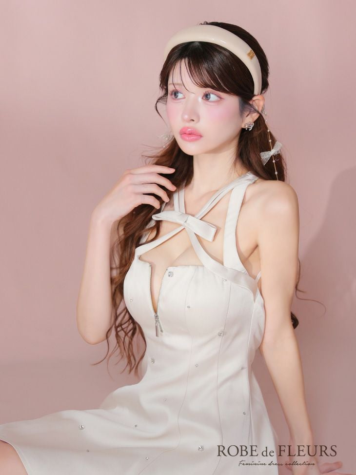 ROBE de FLEURS ローブドフルール サテンネックリボンバストジップフレアミニキャバドレス fm3597-c