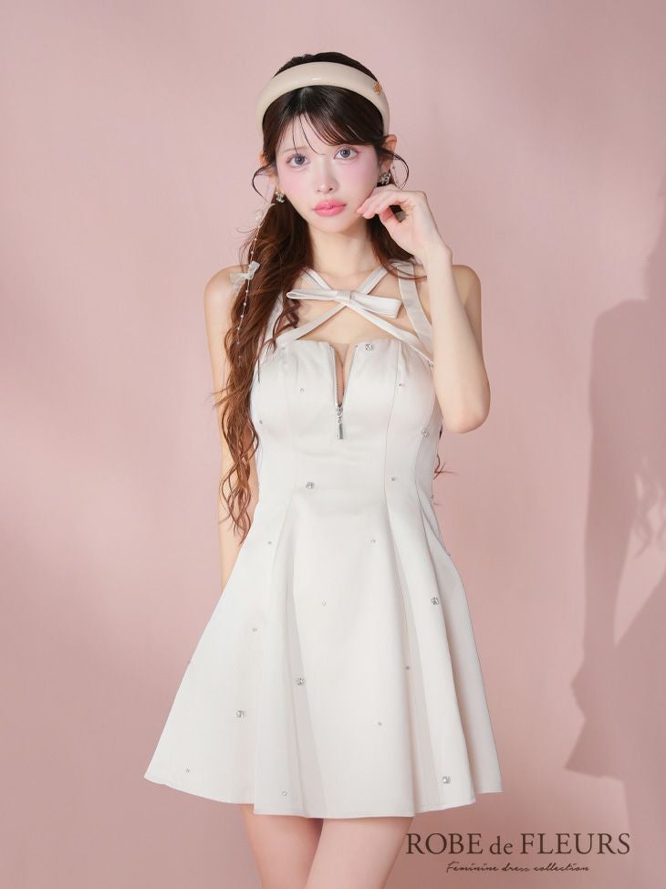 ROBE de FLEURS ローブドフルール サテンネックリボンバストジップフレアミニキャバドレス fm3597-c