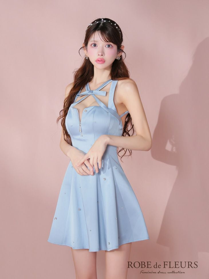 ROBE de FLEURS ローブドフルール サテンネックリボンバストジップフレアミニキャバドレス fm3597-c