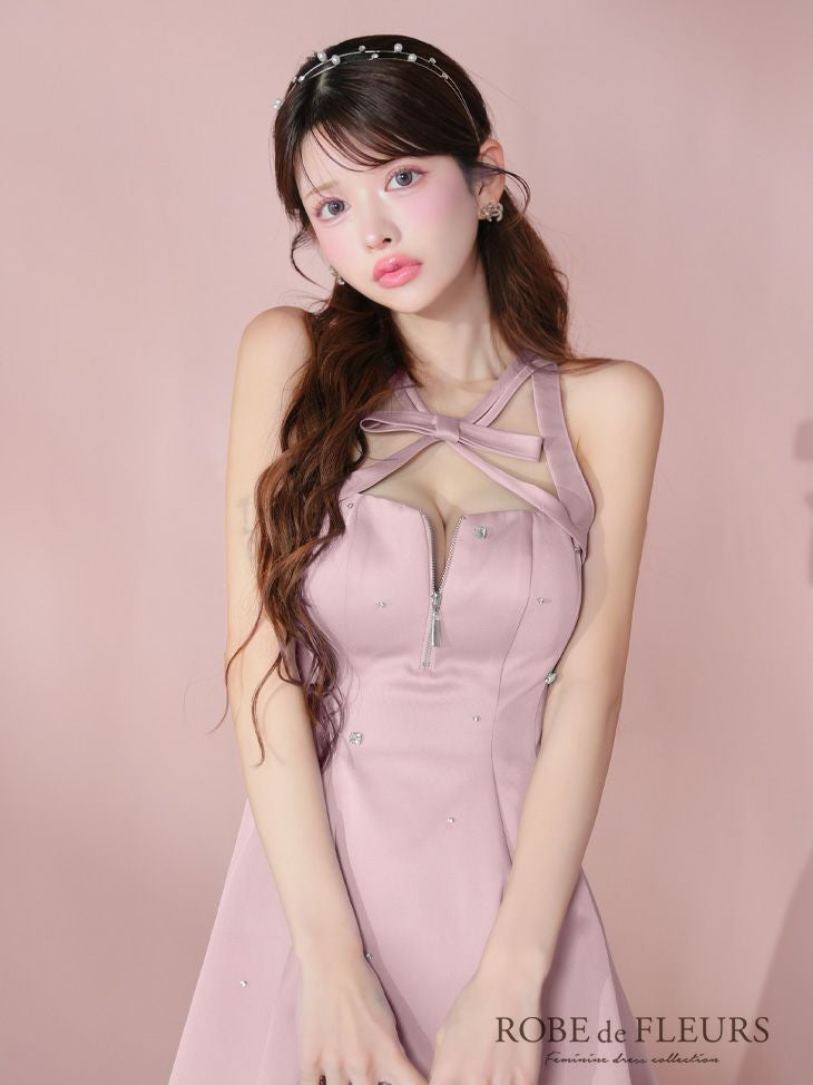 ROBE de FLEURS ローブドフルール サテンネックリボンバストジップフレアミニキャバドレス fm3597-c