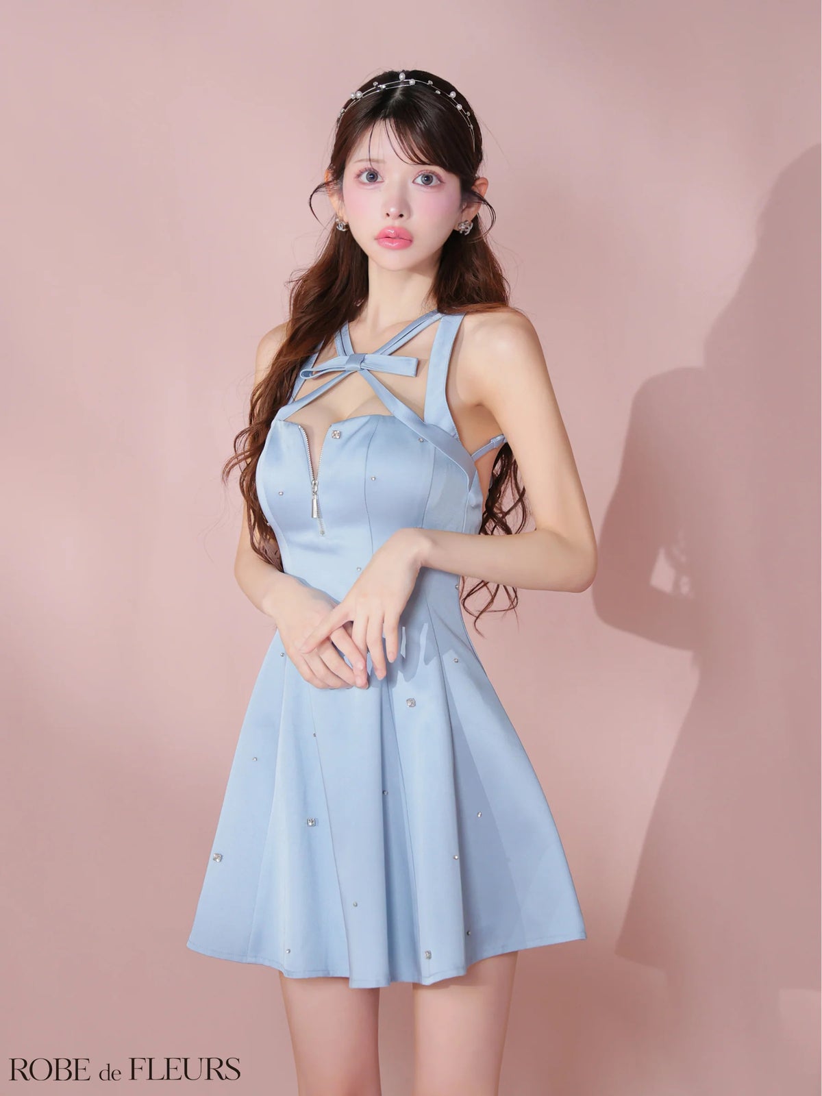 ROBE de FLEURS ローブドフルール サテンネックリボンバストジップフレアミニキャバドレス fm3597-c