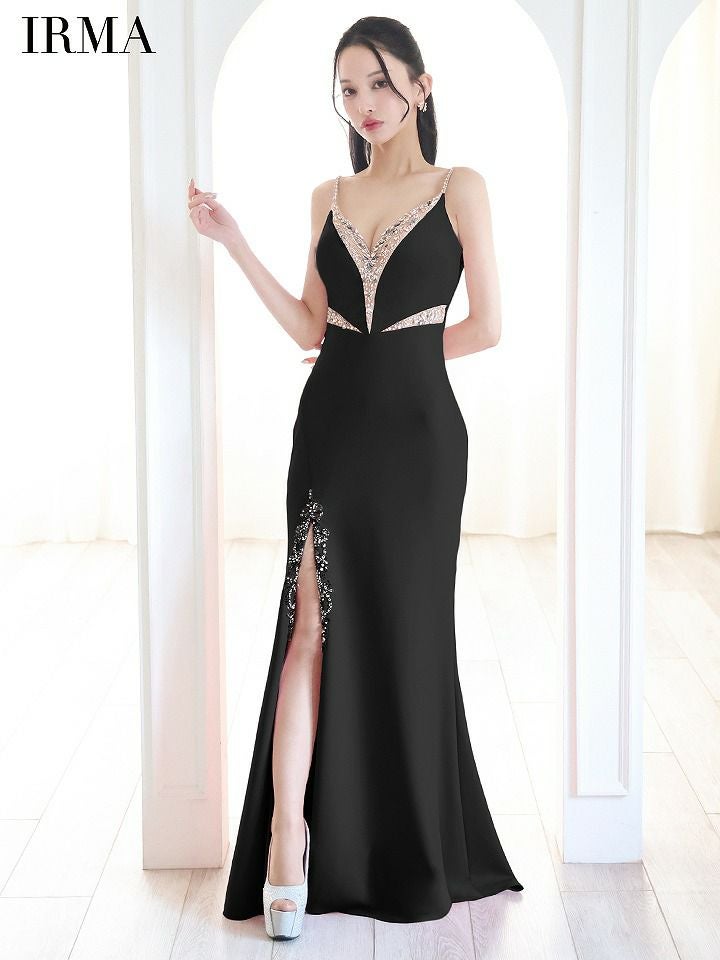 IRMA イルマ Vカット/ビジュー/メッシュ/スリット入り/タイト ロングドレス ir51837