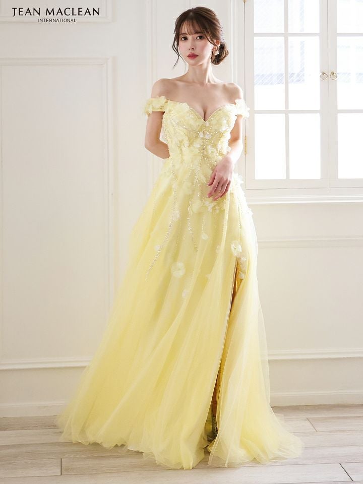JEAN MACLEAN ジャンマクレーン ショルダ立体フラワーモチーフ/ビジュー/オフショル/スリット入り/姫/ロングドレス ja51844