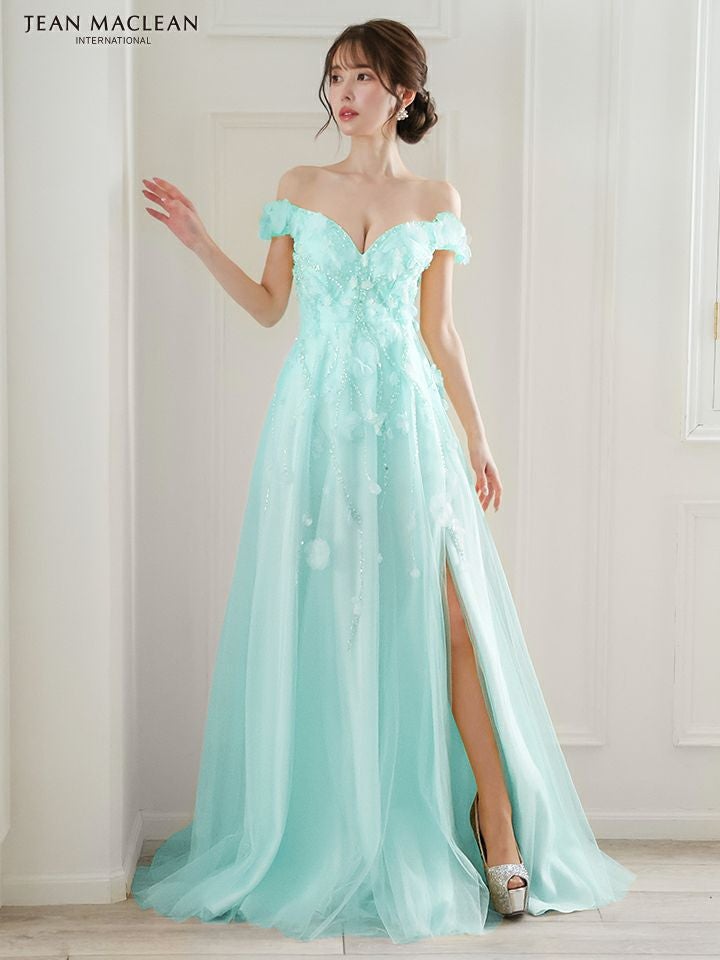 JEAN MACLEAN ジャンマクレーン ショルダ立体フラワーモチーフ/ビジュー/オフショル/スリット入り/姫/ロングドレス ja51844