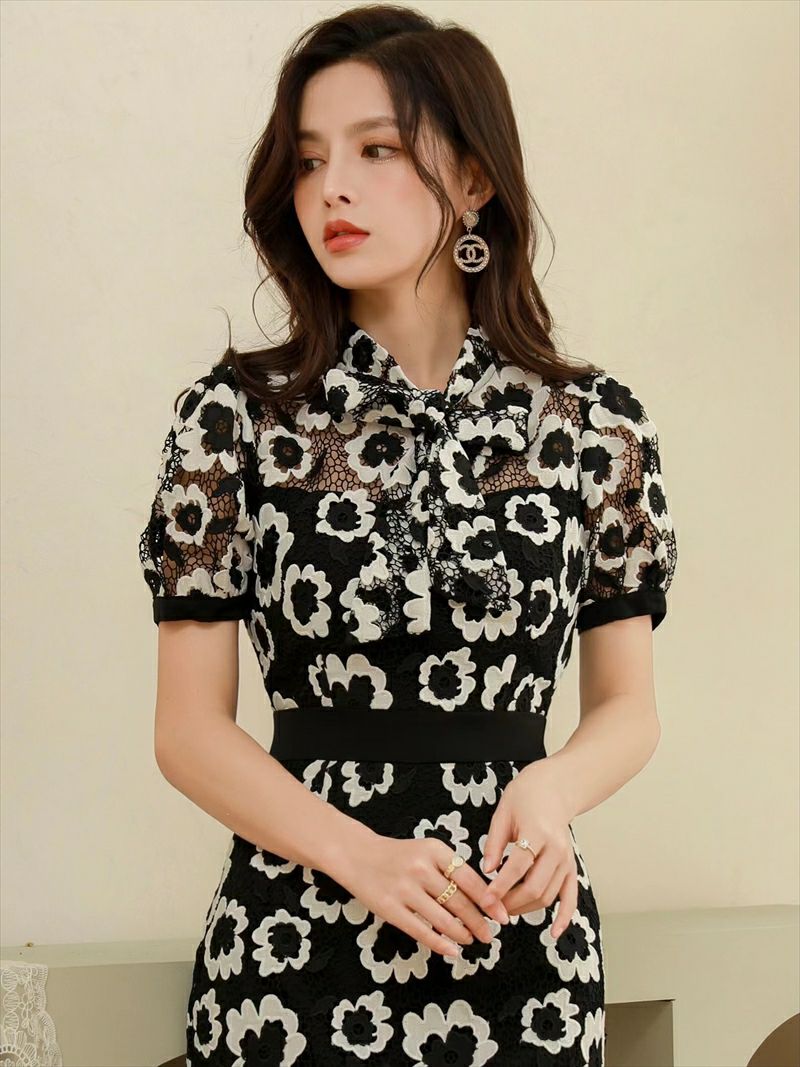 ERUKEI エルケイ フラワーレース・スカラップレース・首元リボン・ミディアムドレス・ワンピース ek-c33038