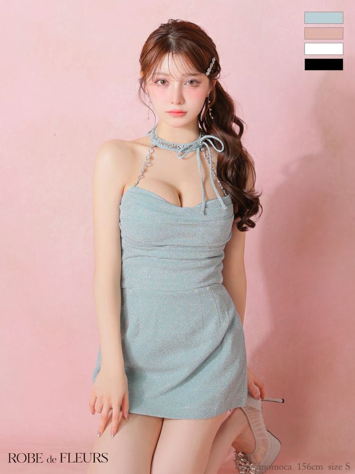 ROBE de FLEURS ローブドフルール ラメニットリボンホルターセットアップタイトミニキャバドレス fm3772