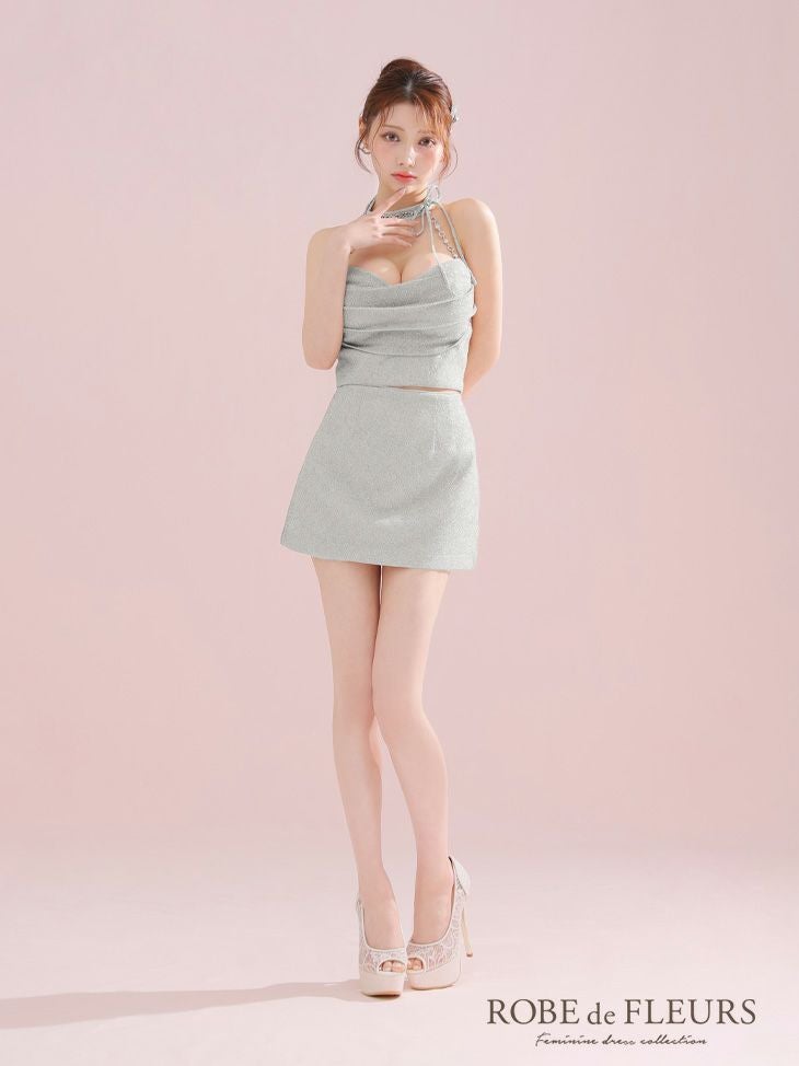 ROBE de FLEURS ローブドフルール ラメニットリボンホルターセットアップタイトミニキャバドレス fm3772