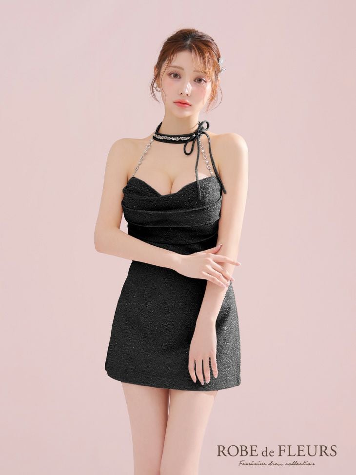 ROBE de FLEURS ローブドフルール ラメニットリボンホルターセットアップタイトミニキャバドレス fm3772