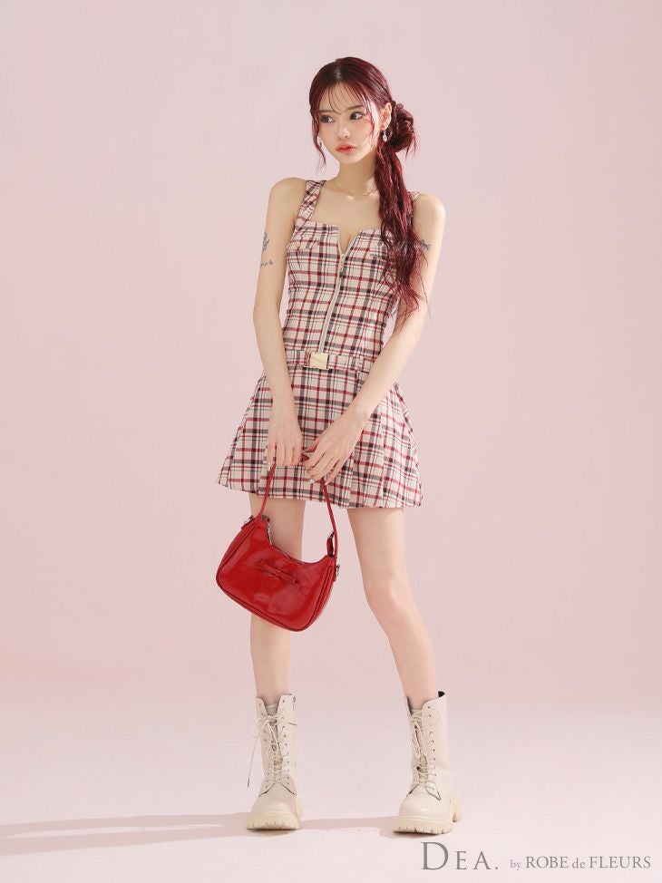 DEA. ディア バイ ローブドフルール チェックノースリーブベルトデザインミニキャバドレス de3390-c