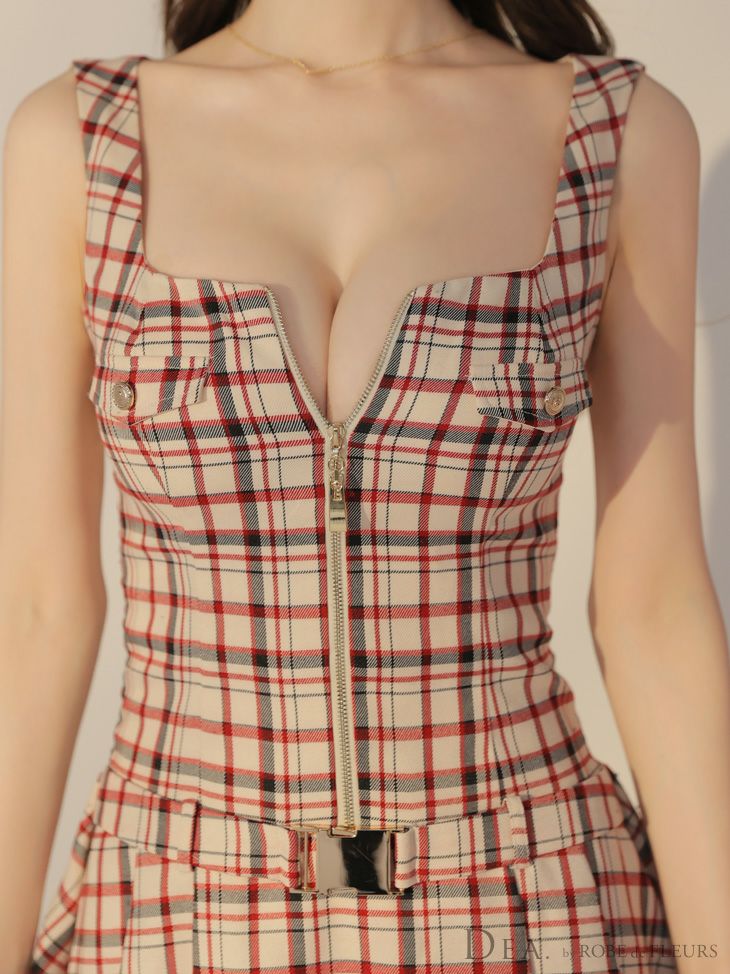 DEA. ディア バイ ローブドフルール チェックノースリーブベルトデザインミニキャバドレス de3390