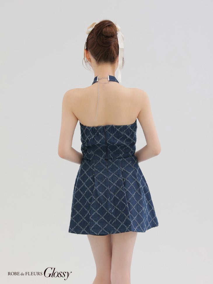 Glossy ローブドフルールグロッシー デニムホルターバストジップフレアミニキャバドレス gl3287-c