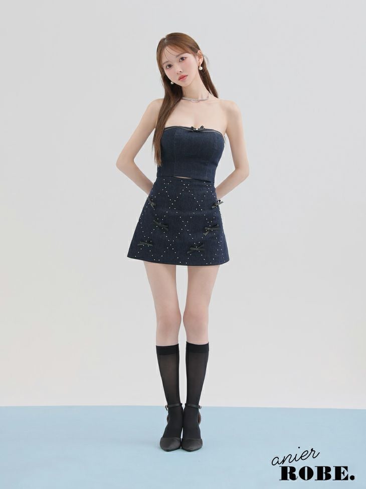 ROBE de FLEURS anier.ROBE ローブドフルール アニエルローブ Leather ribbon denim bare setup mini dress レザーリボンデニムベアトップセットアップミニドレス fm-anier4048-c