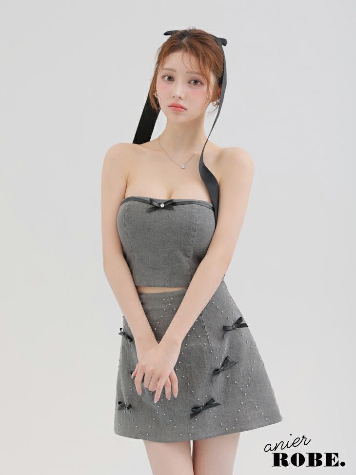 ROBE de FLEURS anier.ROBE ローブドフルール アニエルローブ Leather ribbon denim bare setup mini dress レザーリボンデニムベアトップセットアップミニドレス fm-anier4048-c