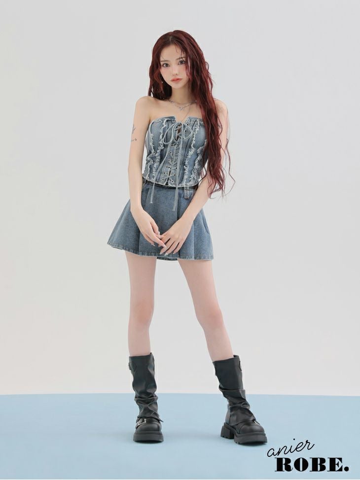 ROBE de FLEURS anier.ROBE ローブドフルール アニエルローブ Denim race up belt setup mini dress デニムレースアップベルトセットアップミニドレス fm-anier4049-c