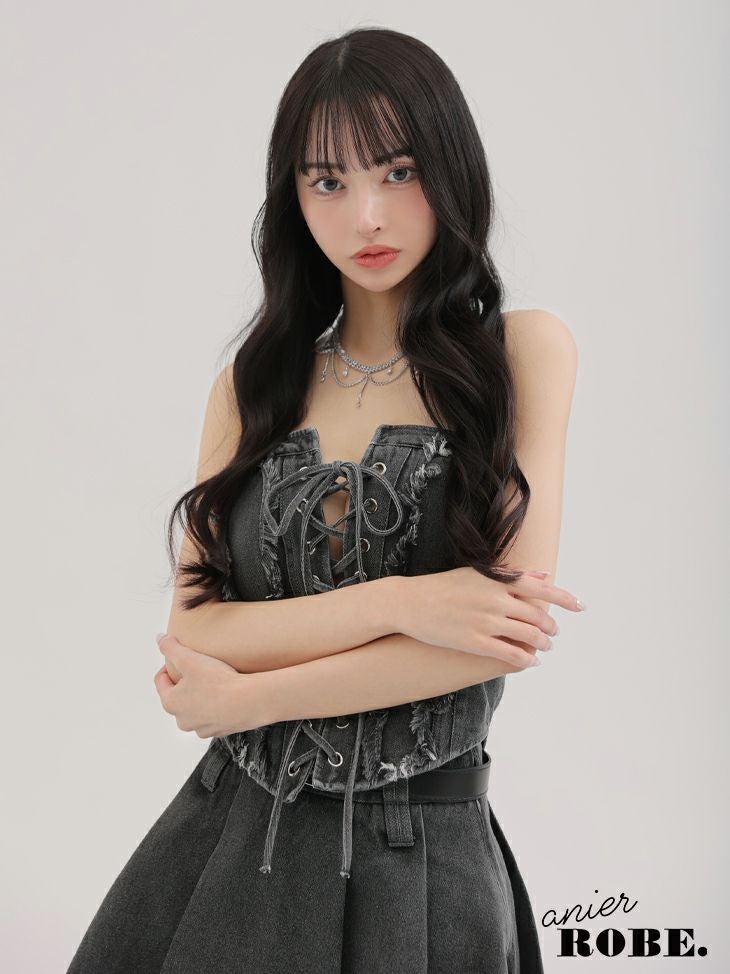 ROBE de FLEURS anier.ROBE ローブドフルール アニエルローブ Denim race up belt setup mini dress デニムレースアップベルトセットアップミニドレス fm-anier4049-c