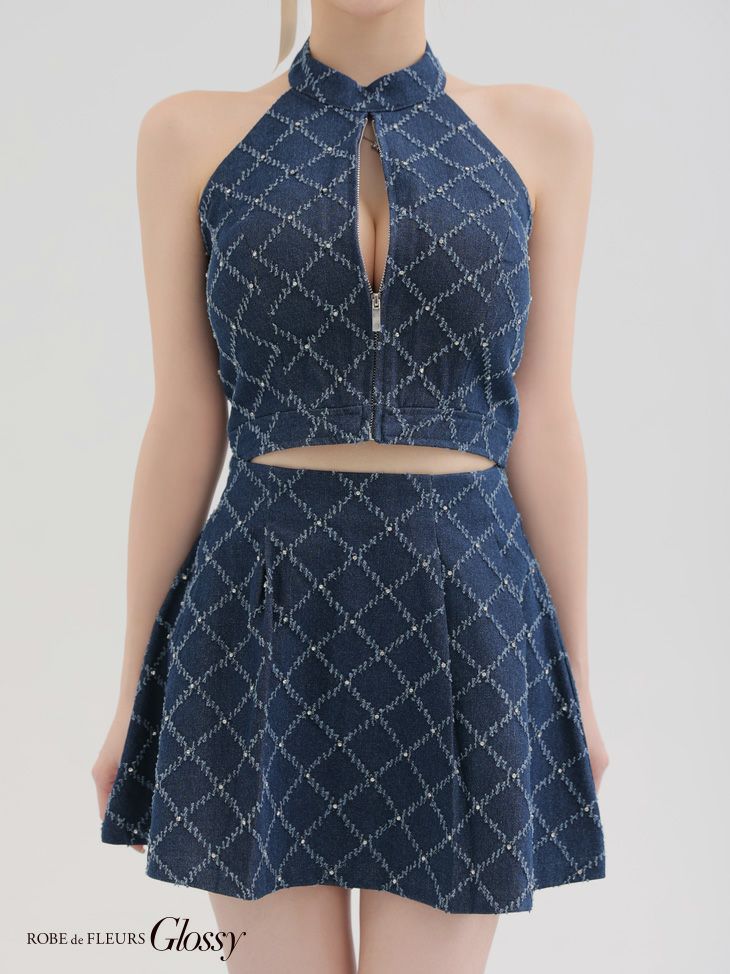 Glossy ローブドフルールグロッシー デニムホルターバストジップフレアミニキャバドレス gl3287