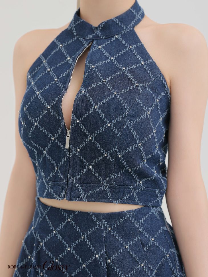 Glossy ローブドフルールグロッシー デニムホルターバストジップフレアミニキャバドレス gl3287