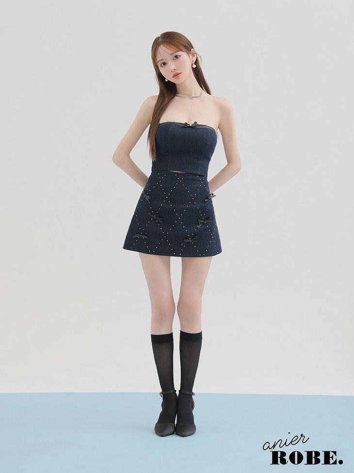 ROBE de FLEURS anier.ROBE ローブドフルール アニエルローブ Leather ribbon denim bare setup mini dress レザーリボンデニムベアトップセットアップミニドレス fm-anier4048