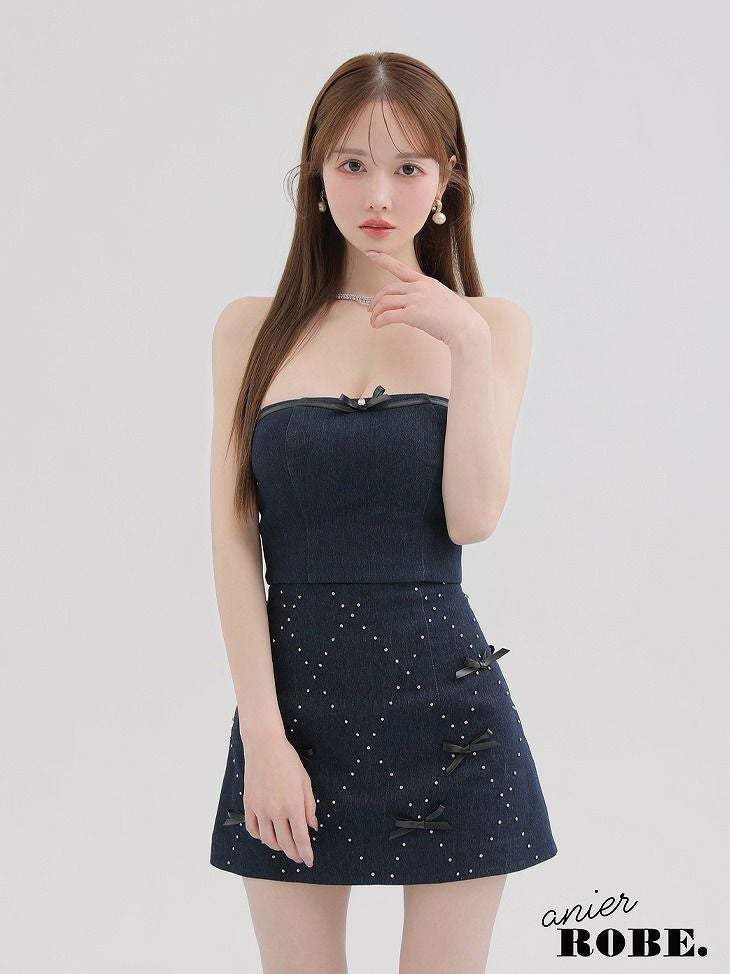 ROBE de FLEURS anier.ROBE ローブドフルール アニエルローブ Leather ribbon denim bare setup mini dress レザーリボンデニムベアトップセットアップミニドレス fm-anier4048