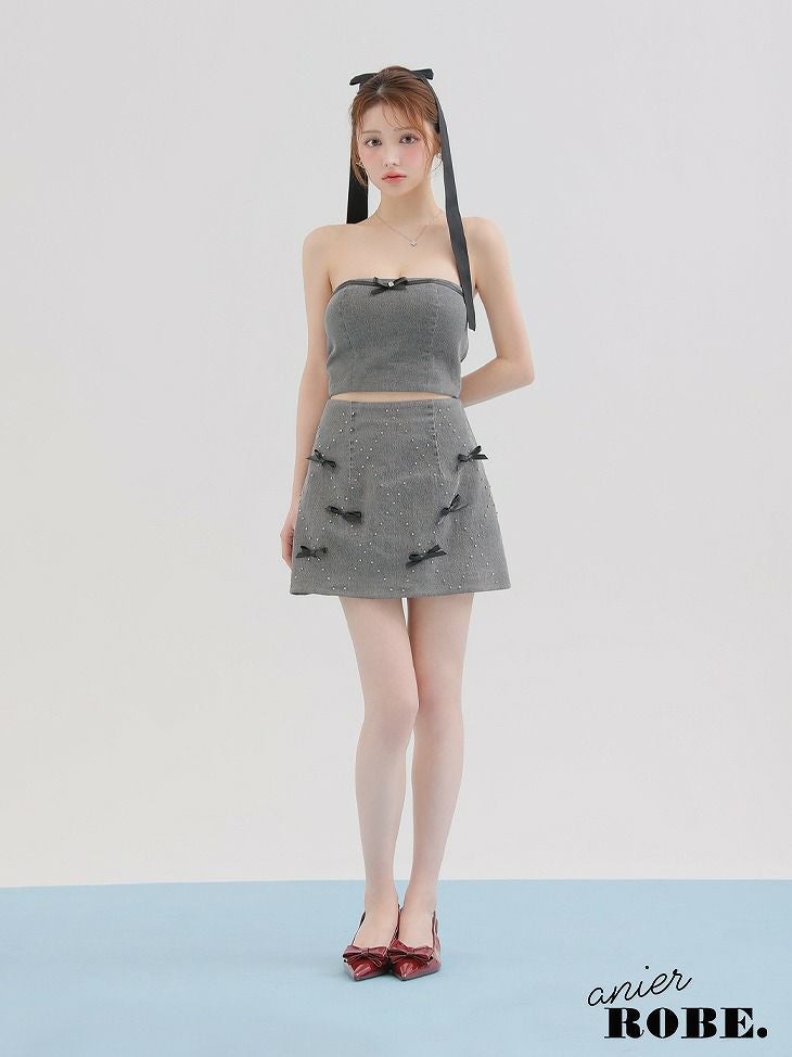 ROBE de FLEURS anier.ROBE ローブドフルール アニエルローブ Leather ribbon denim bare setup mini dress レザーリボンデニムベアトップセットアップミニドレス fm-anier4048