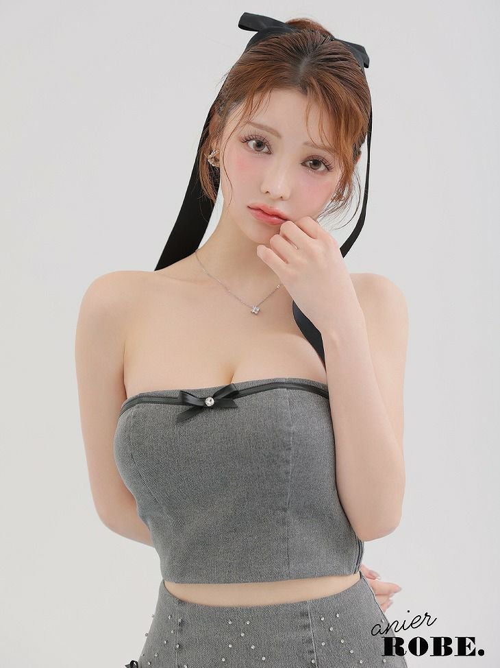 ROBE de FLEURS anier.ROBE ローブドフルール アニエルローブ Leather ribbon denim bare setup mini dress レザーリボンデニムベアトップセットアップミニドレス fm-anier4048