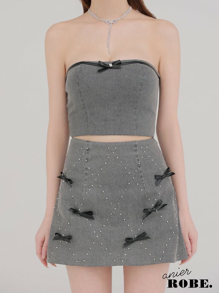 ROBE de FLEURS anier.ROBE ローブドフルール アニエルローブ Leather ribbon denim bare setup mini dress レザーリボンデニムベアトップセットアップミニドレス fm-anier4048