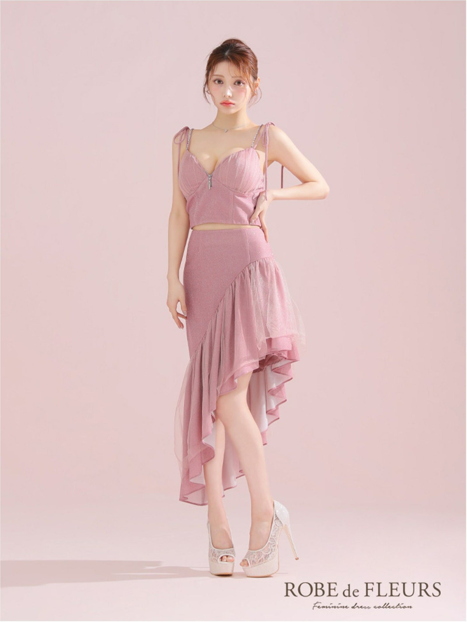 ROBE de FLEURS ローブドフルール アシンメトリーラメニットチュールセットアップキャミキャバドレス fm3295-c