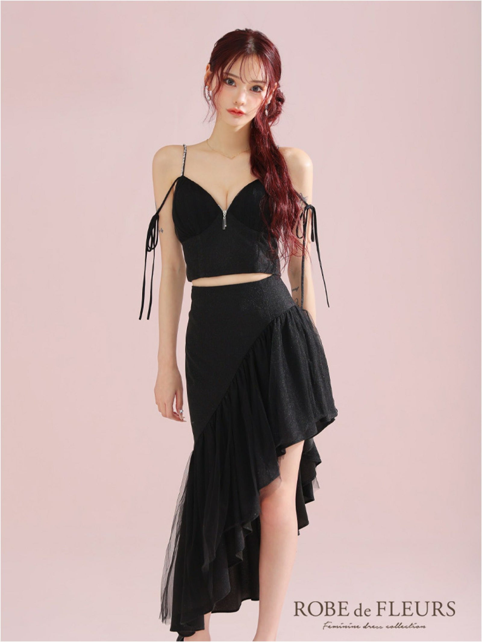 ROBE de FLEURS ローブドフルール アシンメトリーラメニットチュールセットアップキャミキャバドレス fm3295-c