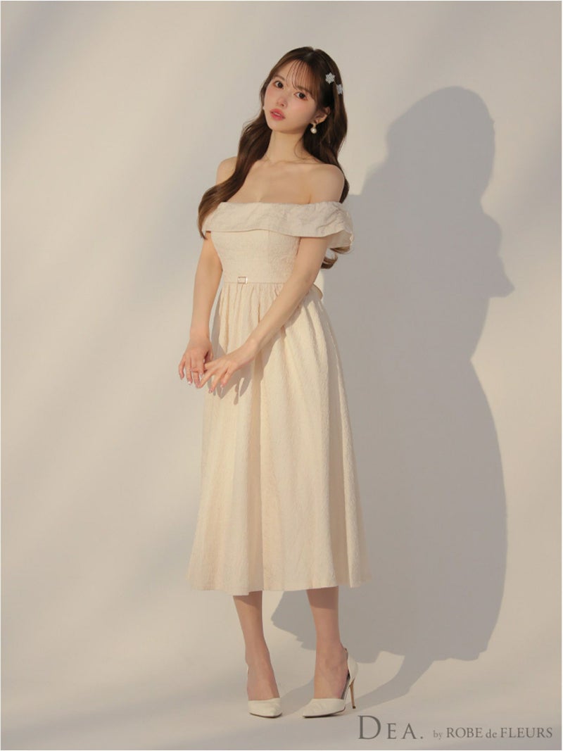 DEA. ディア バイ ローブドフルール オフショルジャガードバックリボンフレアロングキャバドレス de3449-c