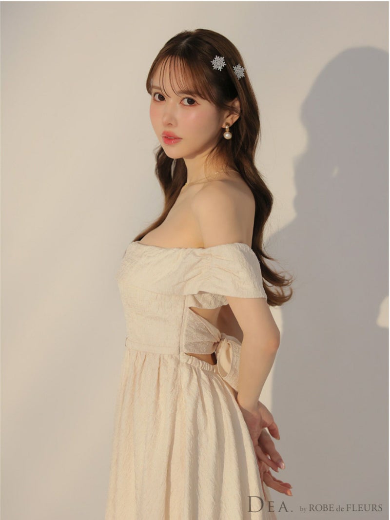 DEA. ディア バイ ローブドフルール オフショルジャガードバックリボンフレアロングキャバドレス de3449-c