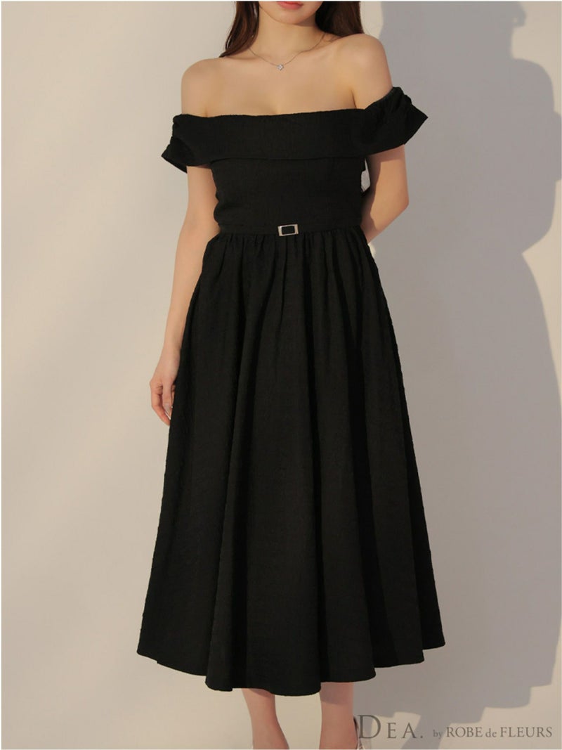 DEA. ディア バイ ローブドフルール オフショルジャガードバックリボンフレアロングキャバドレス de3449-c