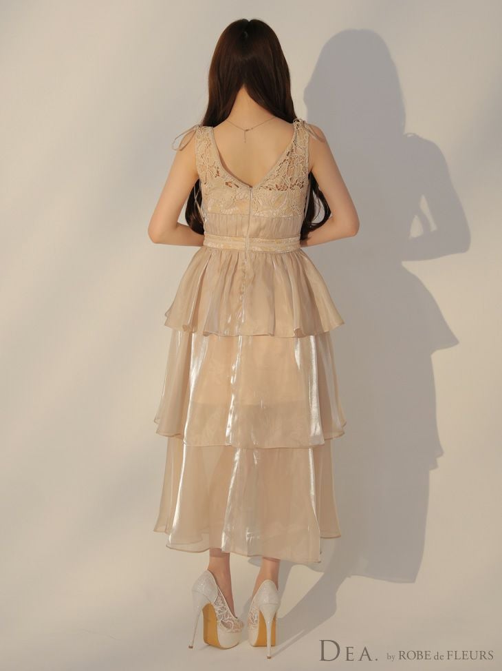 DEA. ディア バイ ローブドフルール ティアードシフォンレースフレアロングキャバドレス de3292