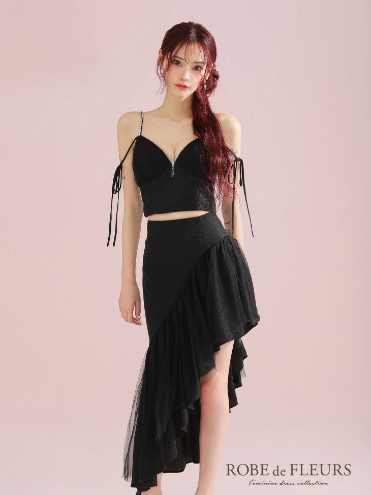 ROBE de FLEURS ローブドフルール アシンメトリーラメニットチュールセットアップキャミキャバドレス fm3295