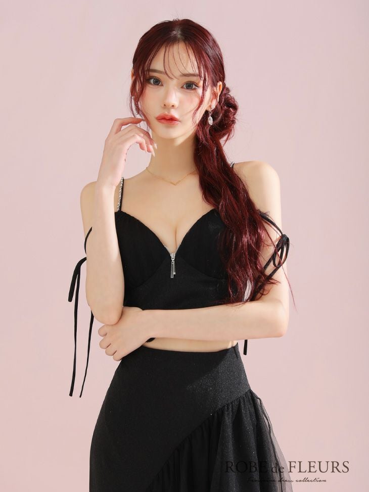 ROBE de FLEURS ローブドフルール アシンメトリーラメニットチュールセットアップキャミキャバドレス fm3295