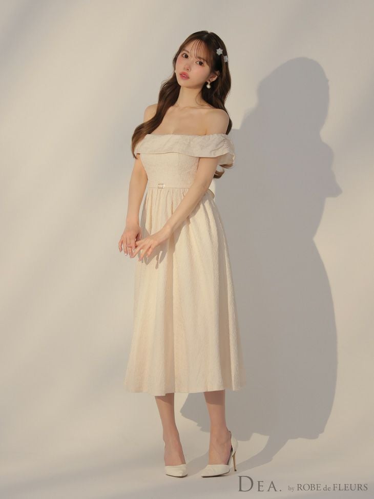 DEA. ディア バイ ローブドフルール オフショルジャガードバックリボンフレアロングキャバドレス de3449