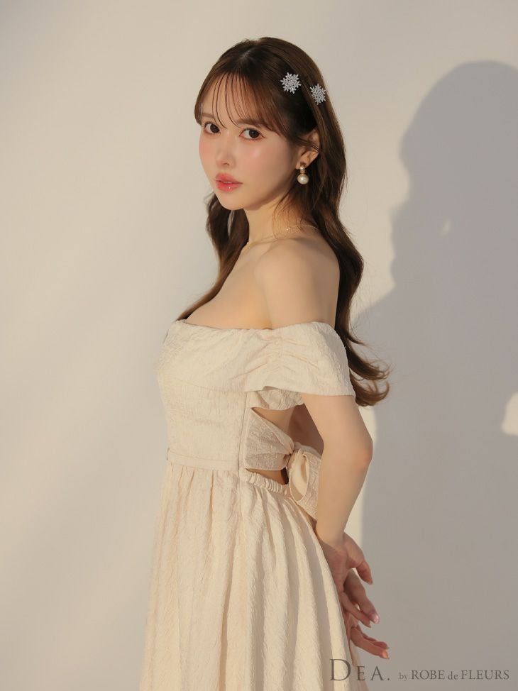 DEA. ディア バイ ローブドフルール オフショルジャガードバックリボンフレアロングキャバドレス de3449