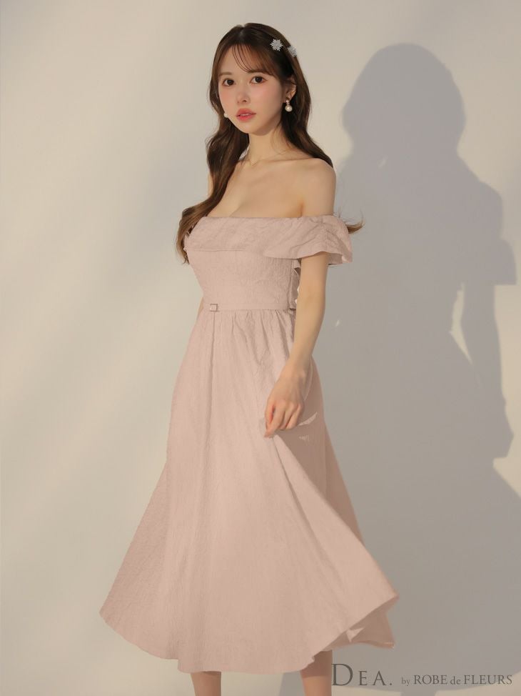 DEA. ディア バイ ローブドフルール オフショルジャガードバックリボンフレアロングキャバドレス de3449