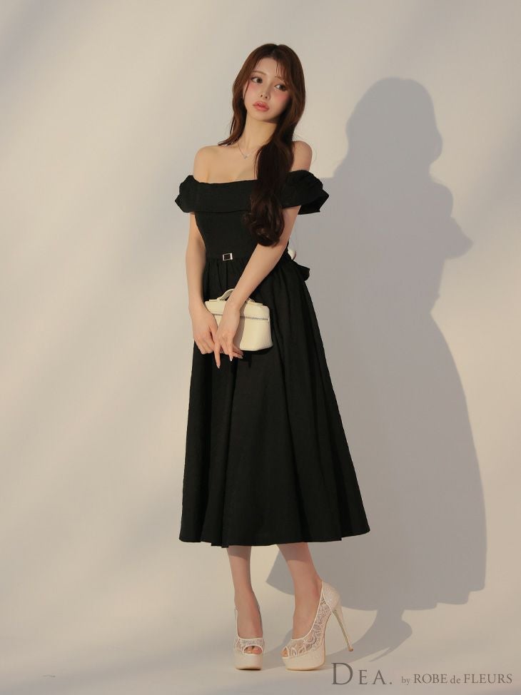 DEA. ディア バイ ローブドフルール オフショルジャガードバックリボンフレアロングキャバドレス de3449