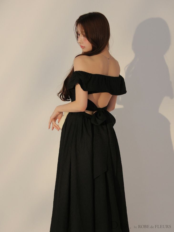 DEA. ディア バイ ローブドフルール オフショルジャガードバックリボンフレアロングキャバドレス de3449