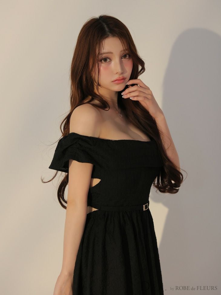 DEA. ディア バイ ローブドフルール オフショルジャガードバックリボンフレアロングキャバドレス de3449