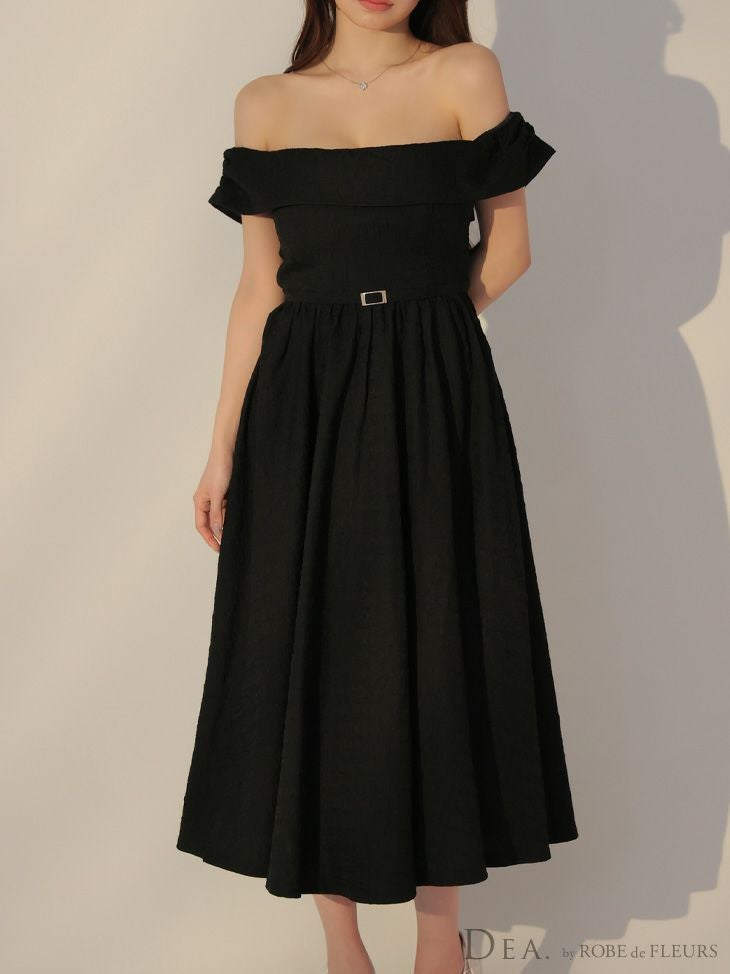 DEA. ディア バイ ローブドフルール オフショルジャガードバックリボンフレアロングキャバドレス de3449