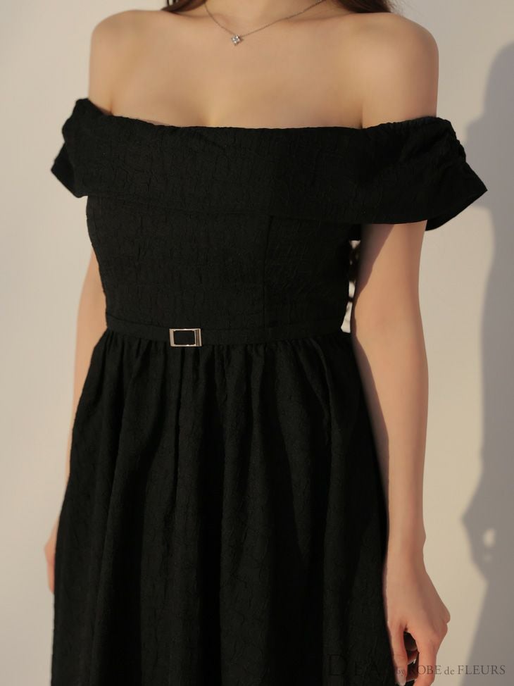 DEA. ディア バイ ローブドフルール オフショルジャガードバックリボンフレアロングキャバドレス de3449