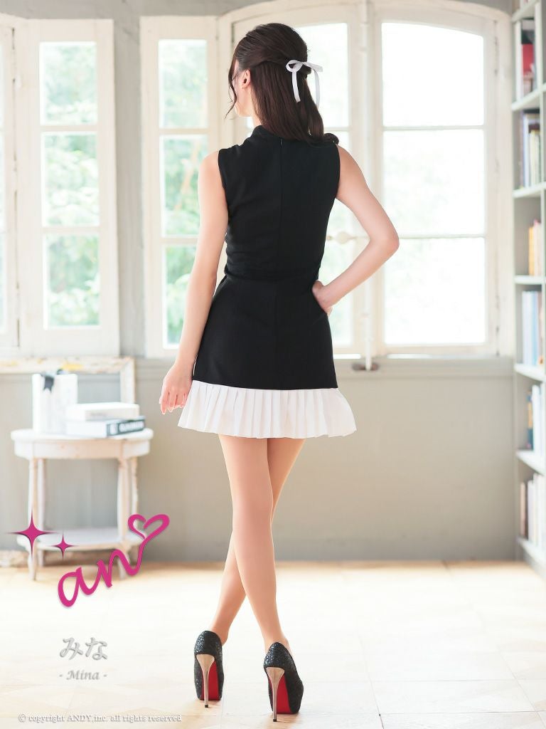 an アン バストジッパー ビジュー ドッキング バイカラー 裾プリーツ フレア ミニドレス ワンピース aoc-3787