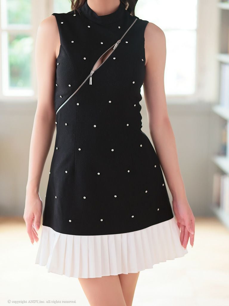 an アン バストジッパー ビジュー ドッキング バイカラー 裾プリーツ フレア ミニドレス ワンピース aoc-3787